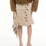 MQTIME  -   French design plaid special-shaped button skirt women's autumn new high-waisted irregular casual medium and long skirt