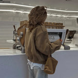  MQTIME  -  Retro Solid Suede Bomber Jacket Women Street Lapel Single Breasted Full Sleeves Zipper Pockets Coat Female Autumn Casual Outwear
