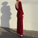 MQTIME  -  Sexy Backless Solid Slim Banquet Dress Lady Elegant Long Sleeve Split Evening Dress Autumn New Pleated O-neck Party Maxi Dresses