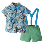 MQTIME  -  Boy's Summer Suit Printed Flower Short-sleeved Shirt and Strap Shorts with Bow Tie Pure Cotton 2-8 Years-old Boy 70-130cm
