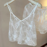MQTIME  -  Summer Women Lace Pajama Sets Sexy Perspective Sleepwear Sleeveless Camisole+Shorts Thin Femlae See Through Home Clothing Suits