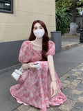 MQTIME  -  2024 New Summer Floral Bubble Sleeves Long Skirt with Slim Appearance and Short Sleeves Women's Vacation Style French Pink Dress