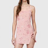 MQTIME  -  Women Summer Flower Sequins Embroidery Ruffles Square Neck Sleeveless Bodycon High Split Short Cami Dress with Scarf