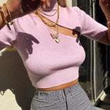 MQTIME  -  Indie Half Sleeve Stretch Ribbed Knitted T-shirts Women Candy Color Sexy High Neck Tshirt Ladies White Crop Tops Streetwear 2024