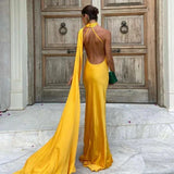 MQTIME  -  Women Ribbon Hanging Neck Long Dresses Solid Color Summer Sleeveless Backless Slim Halter Party Dress Female Elegant Satin Robe
