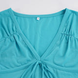  MQTIME  -  Folds Patchwork Solid V Neck Long Sleeve Temperament All Match Lace-up Women's T-shirts