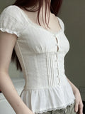 MQTIME  -  Y2k Lace Patchwork Solid Square Collar Sweet Puff Sleeve Ruffles Single Breasted Women Shirt