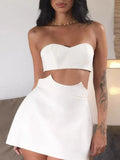 MQTIME  -  New Strapless Top and Short Skirt Sexy Two Piece Set Vacation Party Backless Women's Outfit White Hollow Slim Banquet Suit