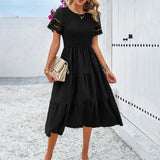MQTIME  -  Solid Color Midi Dress Round Neck Short Sleeve Pleated A-line Summer Dress Femme Boho Vestidos White Party Dresses