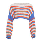  MQTIME  -  Fall Winter Striped Loose Knitted Pullover Sweaters Women Color Patchwork O Neck Long Sleeve Casual Jumpers Crop Tops