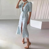 MQTIME  -  Chic Lace Trimmed Printed Dress Women Elegant Deep V-neck Waist Cinching Split Short Sleeve Maxi Dress Lady Party Vestidos