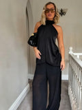  MQTIME  -  Elegant Black Satin Halter Vests For Women 2026 New Scarf Neck Backless Sleeveless Tank Female High Street Chic Lady Party Tops