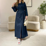 MQTIME  -  Fashion Lace-Up Long Sleeve Party Dress Elegant Lapel Single Breasted Solid Shirt Dress Women's Cotton Linen Pleated Long Dress
