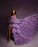 MQTIME  -  Elegant Vestidos De Gala Dusty Blue Maternity Dresses Off Shoulder Photography Props Tiered  Slit Customized Pregnant Gowns