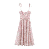 MQTIME  -  French Style Retro White With Red Fruit Print Bow Lacing Up Sling Dress Slim Waist Ruched  A line Midi Long Dresses Robe