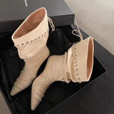  MQTIME  -  Autumn Winter Retro Soft Leather Weave Strap Women Ankle Boots Fashion Rivet Button High heels Slip-on Western Short Boots Shoes