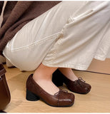 MQTIME  -  Fashion Square toe Bowknot Soft Leather Women Pumps Spring Summer Ballet Style Thick High heels Casual Chunky Loafer Shoes