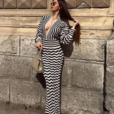 MQTIME  -  Women Fashion V Neck Dress High Waist Long Sleeve Wavy Striped  Sexy Slim Bodycon Dresses Commuting Casual Banquet gowns