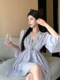 MQTIME  -  Gentle Style Dress High-end Pearl Studded V-neck Ruffled Edge Waist Cinched Short Chiffon Style Midi Vestidos