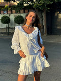 MQTIME  -  Women Fashion White Ruffles Lace Up Mini Skirt Suits Elegant V Neck Long Sleeves Top Short Skirts Set Summer Lady Street Outfits