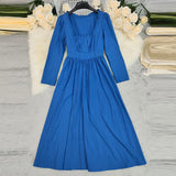 MQTIME  -  French Style Lady Pure Color Ruffle Evening Dress Elegant Temperament Long Sleeve Dress Casual U Collar High Waist Banquet Dress