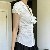  MQTIME  -  Temperament Preppy Style Bow V Neck Puff Short Sleeve Women's Blouse Y2k Aesthetic Harajuku Pleated Casual Shirts Spice Clothes