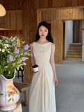 MQTIME  -  High End Beige Vest Dress, Women'S Summer New French Style, Gentle And Pleated Design, Slim Fit Long Skirt