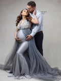 MQTIME  -  Sexy Silver Maternity Dresses for Photography Halter Mermaid Pregnancy Photshoot Customized Lace Appliques Babyshower Gowns