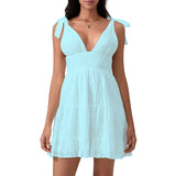 MQTIME  -  Women Summer White Dress Bow Lacing Strap V-Neck Hollow Eyelet Ruffle Hem A-Line Short Cami Dresses
