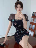 MQTIME  -  Summer Black Mesh Print Short Sleeve Square Collar Mini Dress Women Elegant Casual Kawaii Dress 2024 Korean Vintage Party Dress