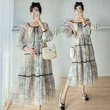 Mqtime 2025 Spring Autumn Maternity A-line Dress Plus Size Shoulderless Pregnant Woman Chiffon Dress Vintage Printing Pregnancy Dresses