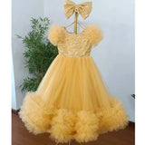 MQTIME  -  Customized Blush Flower Girl Dresses Tulle Flory Aplliques With Bow Short Sleeve For Wedding Birthday Prom Holy Communion Gowns