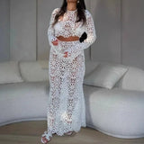 ﻿ MQTIME  -  Floral Lace Crochet Hollow Out Holiday Beach 2 Piece Set Cover Ups Women See Through O Neck Long Sleeve Crop Tops + Maxi Skirts
