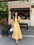 MQTIME  -  Women Print Yellow Mid-calf Dress Deep V Ruffles Flared Sleeve Spring Autumn Female Elastic High Waist Robe