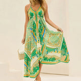 MQTIME  -  Summer Boho Dress Sleeveless Printing A-line Vestidos Floral V Neck Open Back Holiday Dress Vacation Halter Dresses