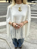 MQTIME  -  Fringe Hem High Mock Neck Women Poncho Loose Batwing Sleeve Relaxed Oversize Sweater Straight Fringe Hem Top City Street Wear