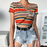 MQTIME  -  Bandage All-Match Irregular Criss Cross Fashion Casual Crop T-Shirts Summer Women Short Sleeve V-Neck Multicolor Stripe Top