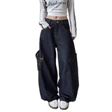  MQTIME  -  Vintage Spliced Leopard Pockets Jeans Loose Wide-Leg Denim Pants Safari Hip Hop Spliced Casual Punk Grunge Trouswers Korea Women