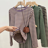 Mqtime Purple Black Autumn Long Sleeve Maternity O-Neck Nursing Top Breastfeeding Striped Shirt Postpartum Woman Zip Fly Lactation Tees