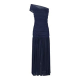 MQTIME  -  Mesh Navy Glitter Off Shoulder Mermaid Maxi Dress Women Ruched Bodycon Summer Sheer Elegant Slash Neck Long Evening Party Gown