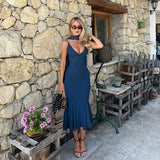 MQTIME  -  Sexy Spaghetti Strap Bodycon Ruched Summer Dress Women's Long Dress Fashion Elegant V-neck Holiday Summer Party Dress