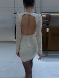 MQTIME  -  Sexy White Lace Full Sleeve Mini Dress Women O-neck Backless Hip Package Slim Waist Cinching Dresses Lady Evening Party Vestidos