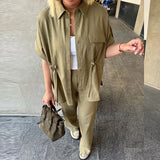 MQTIME  -  Summer Elegant Button Wide Leg Suit Casual Short Sleeve Shirt & Long Pant Outfits Women Fashion Lapel Solid Loose 2Pc Sets