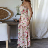 MQTIME  -  Bohemian Off Shoulder High Waist Long Dress Elegant Strapless Split Holiday Dress Fashion Floral Print Folds Women's Party Dress