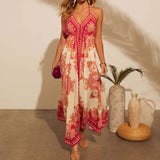 MQTIME  -  Summer Boho Dress Sleeveless Printing A-line Vestidos Floral V Neck Open Back Holiday Dress Vacation Halter Dresses
