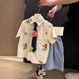 MQTIME  -  Boys' Suit Spring and Summer New Children's Clothes Boys' Baby Sunflower Tie Shirt Jeans Five Minute Pants Two Sets