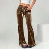 MQTIME  -  Solid Color Velvet Pants Casual Slim Flared Pants For Woman Autumn Women's Pants High Waist Drawstring Trousers Female Clothing