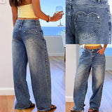 MQTIME  -  new retro washed heart-shaped back pocket wide leg jeans fashionable loose fit spicy girl jeans for women