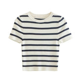 MQTIME  -  Vintage Women Striped Short Tshirts Fashion Ladies Slim Knitted Crop Tops for Womens Casual Tees Female Clothes Chic