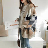 MQTIME  -  Women Argyle Plaid Knit Cardigan V Neck Long Sleeve Button Open Front Loose Sweater Coat Tops for Woman Casual Autumn Daily Wear